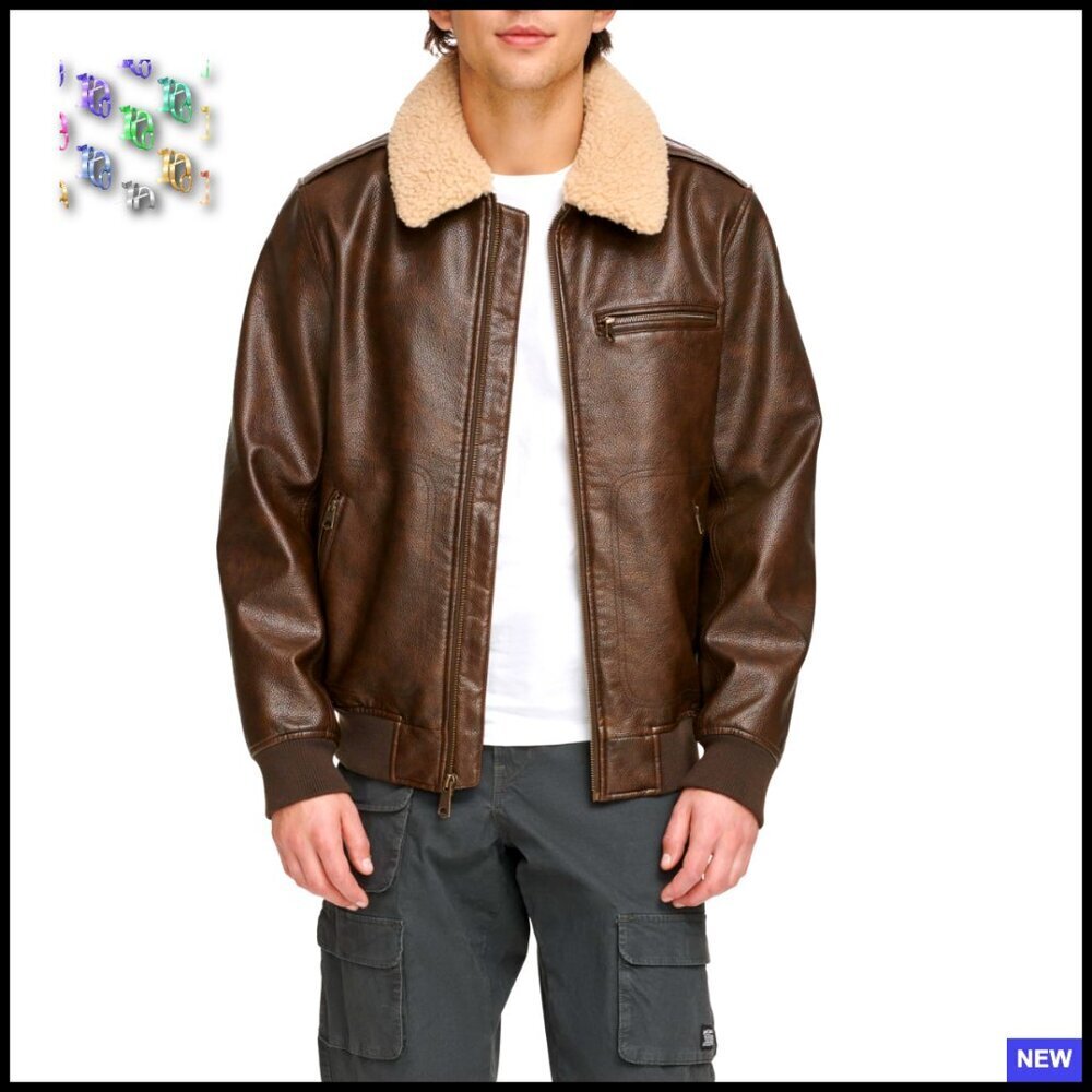 Faux Leather Aviator Bomber Jacket With Cozy Sherpa Collar Retro Style